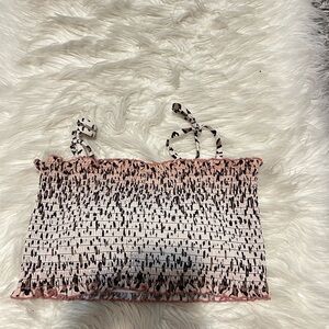 Pink & Black Print Smocked Bikini Top